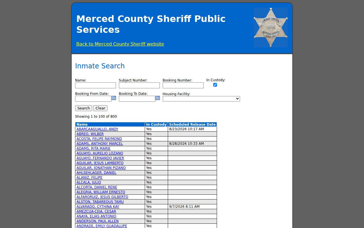 Los Banos people directories view of Merced County inmate inquiry filters